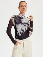 Floral Placement Print Mesh Bodysuit