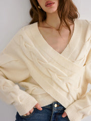 Cable Knit Cross-From V-Neck Sweater