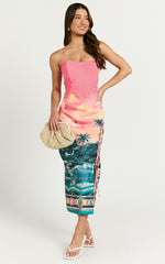 Amalie The Label - Leesha Strapless Fitted Split Leg Midi Dress in Island Sunset Print