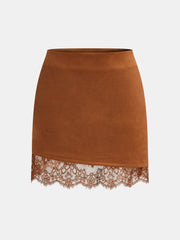 Lace Hem Suede Effect Mini Skirt