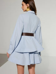 Belted Zip-From Cotton Tiered Shirt Dress