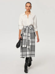 Plaid Wool Blend Midi Skirt with Apron Belt