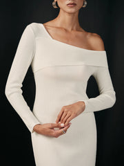 One Shoulder Wool Blend Knit Midi Slit Dress