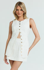Calvin Two Piece Set - Tailored Scoop Neck Vest Top and A Line Mini Skirt Set in White Pinstripe