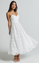 Deborah Midi Dress - Strappy Sweetheart Neck Corset Lace Dress in White