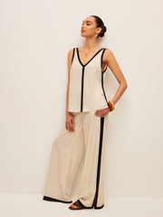Cotton & Linen Contrast Trim V-Neck Pants Set
