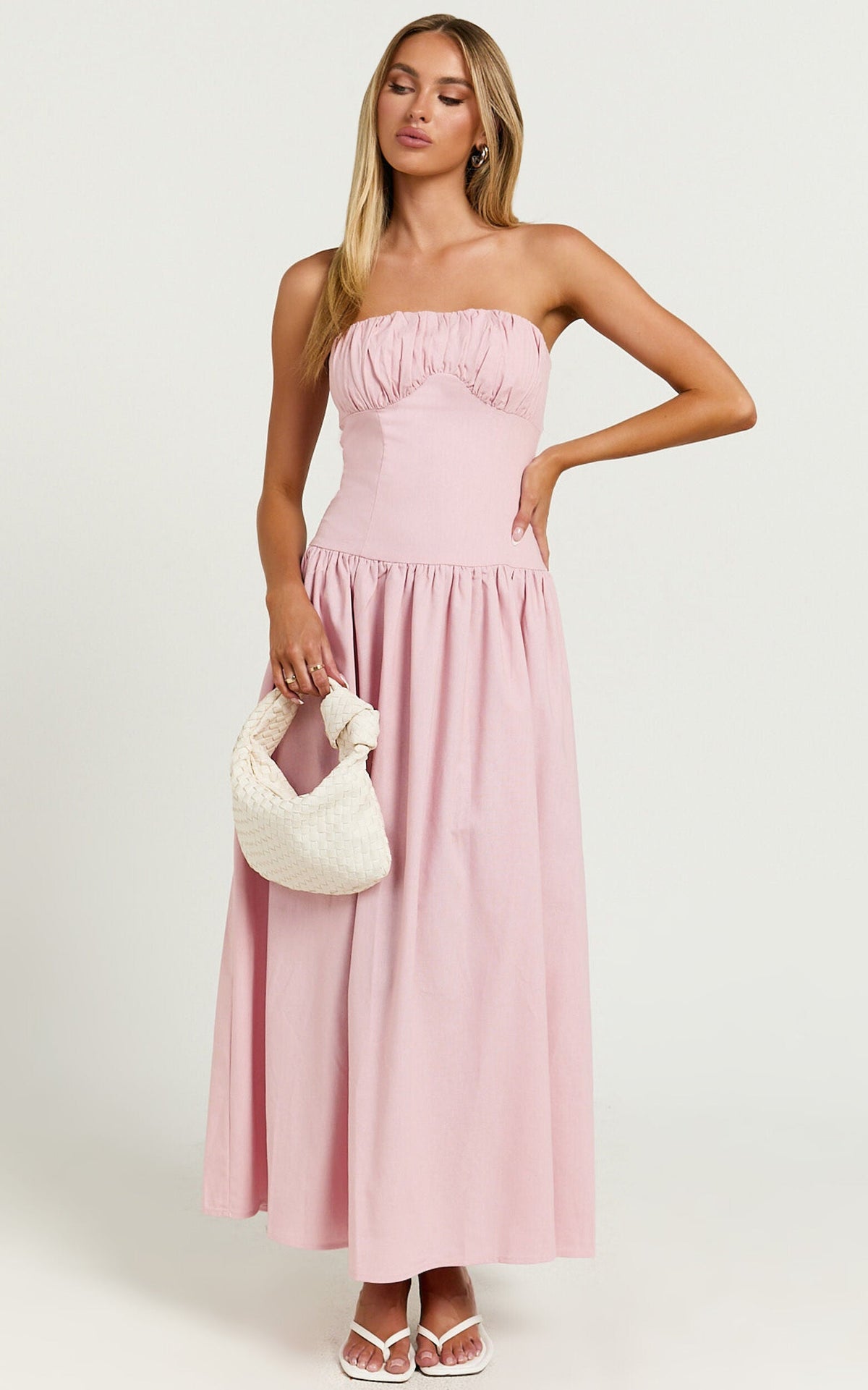 Jerah Midi Dress - Ruched Bust Full Skirt Dress in Pink