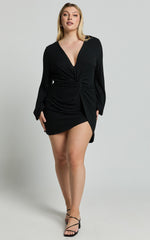 Charmine Mini Dress - Twist Front Long Sleeve Dress in Black