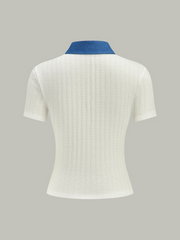 Denim-Collar Knit Polo Top with Metal Button