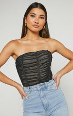 Isabella Bodysuit - Ruched Strapless Mesh Corset in Black