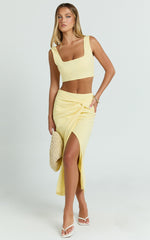 Gibson Two Piece Set - Linen Crop Top and Knot Front Midi Skirt Set in Yellow