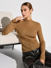 Wool Blend Mock Neck Fitted Long Sleeve Knit Top