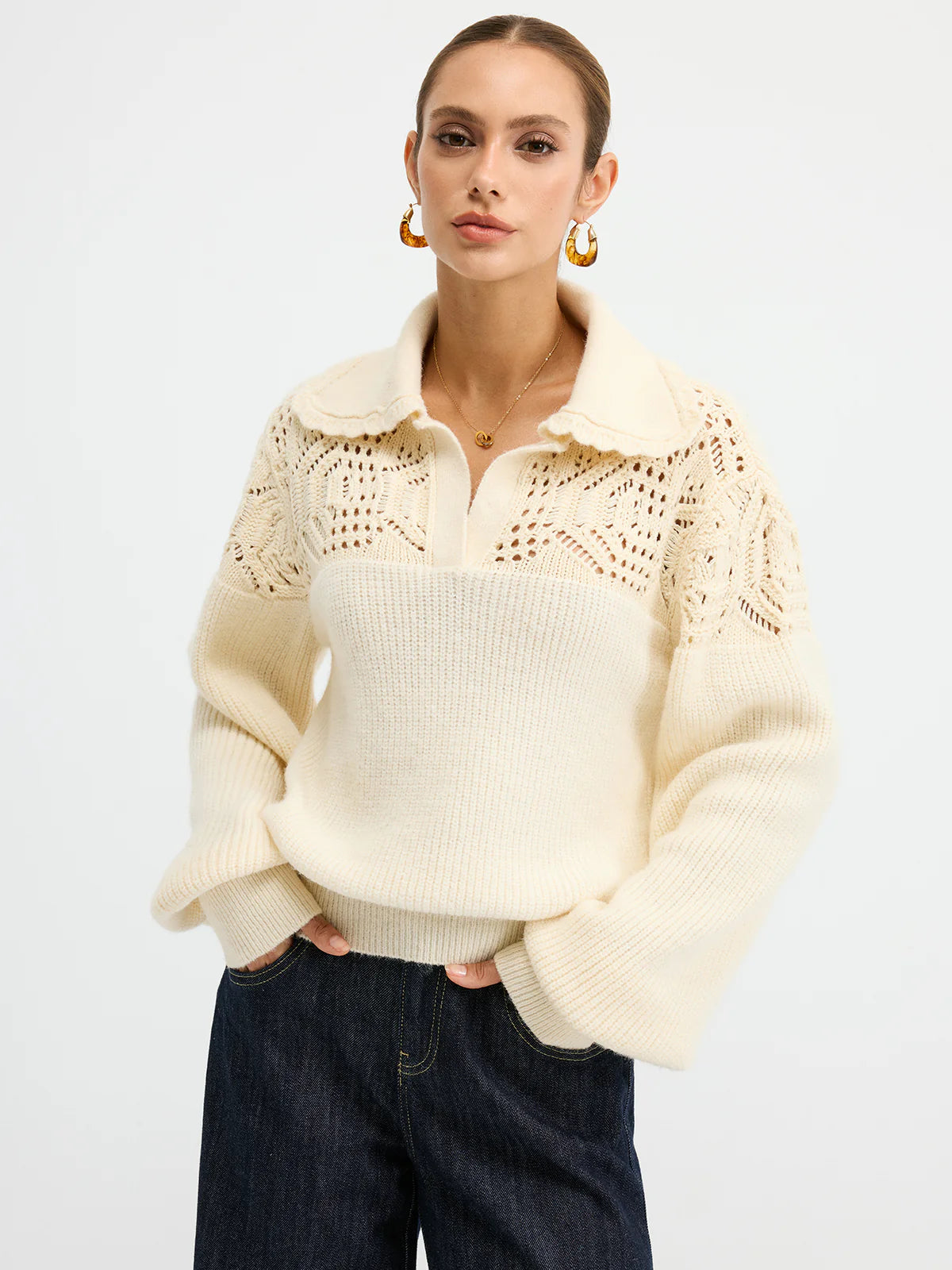 Openwork Polo Knit Sweater