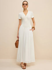 Button-Placket V-Neck Maxi Dress