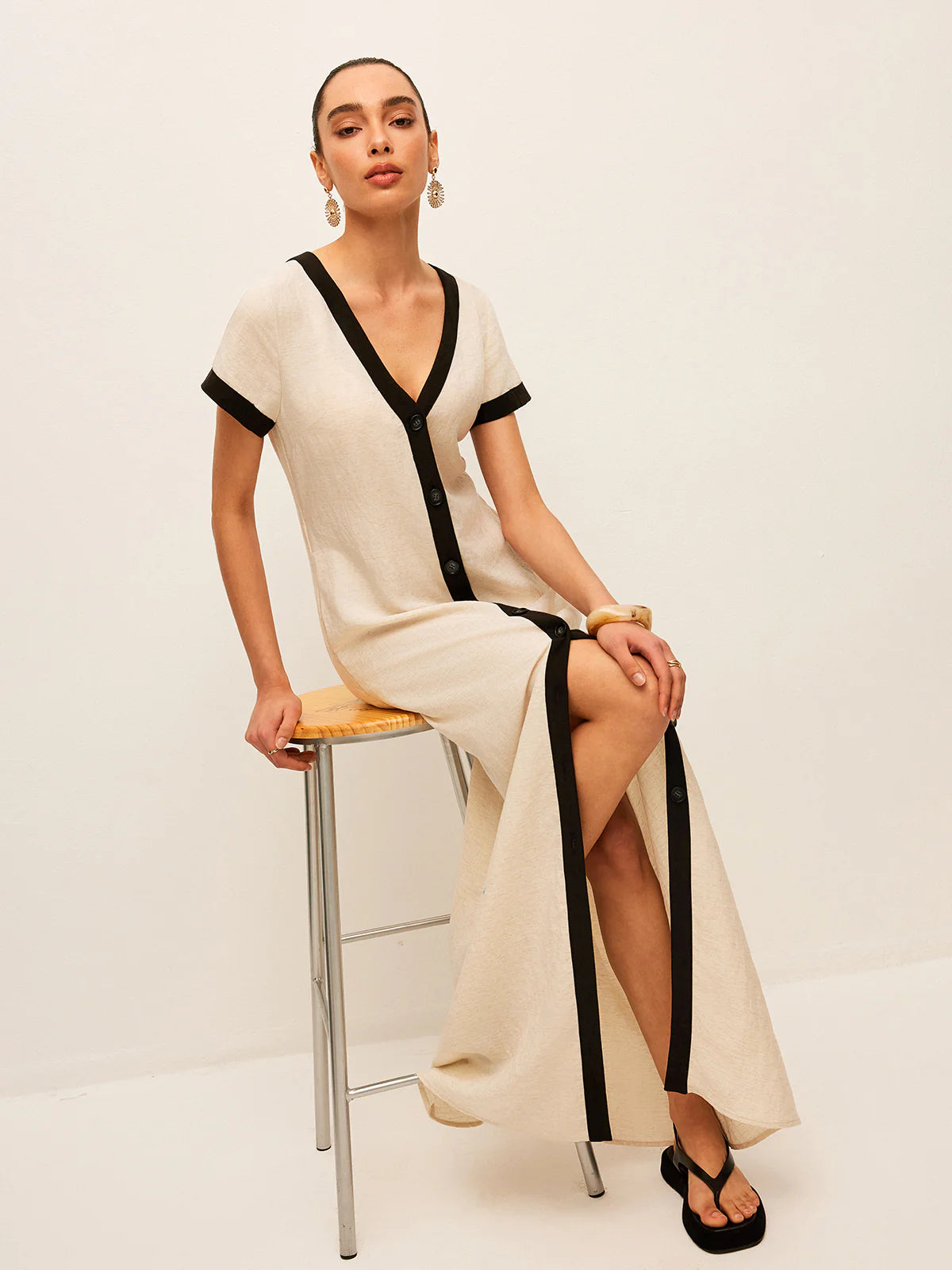 Cotton & Linen High-Slit Contrast Trim Dress