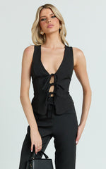 Nola Top - V Neck Front Tie Vest Top in Black