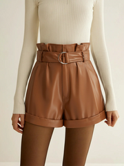 High-Waist PU Leather Cuffed Shorts with Belt