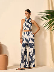 Floral Print Halter Top With Pants Set