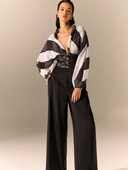 Semi-Sheer Striped Panel Faux Leather Top