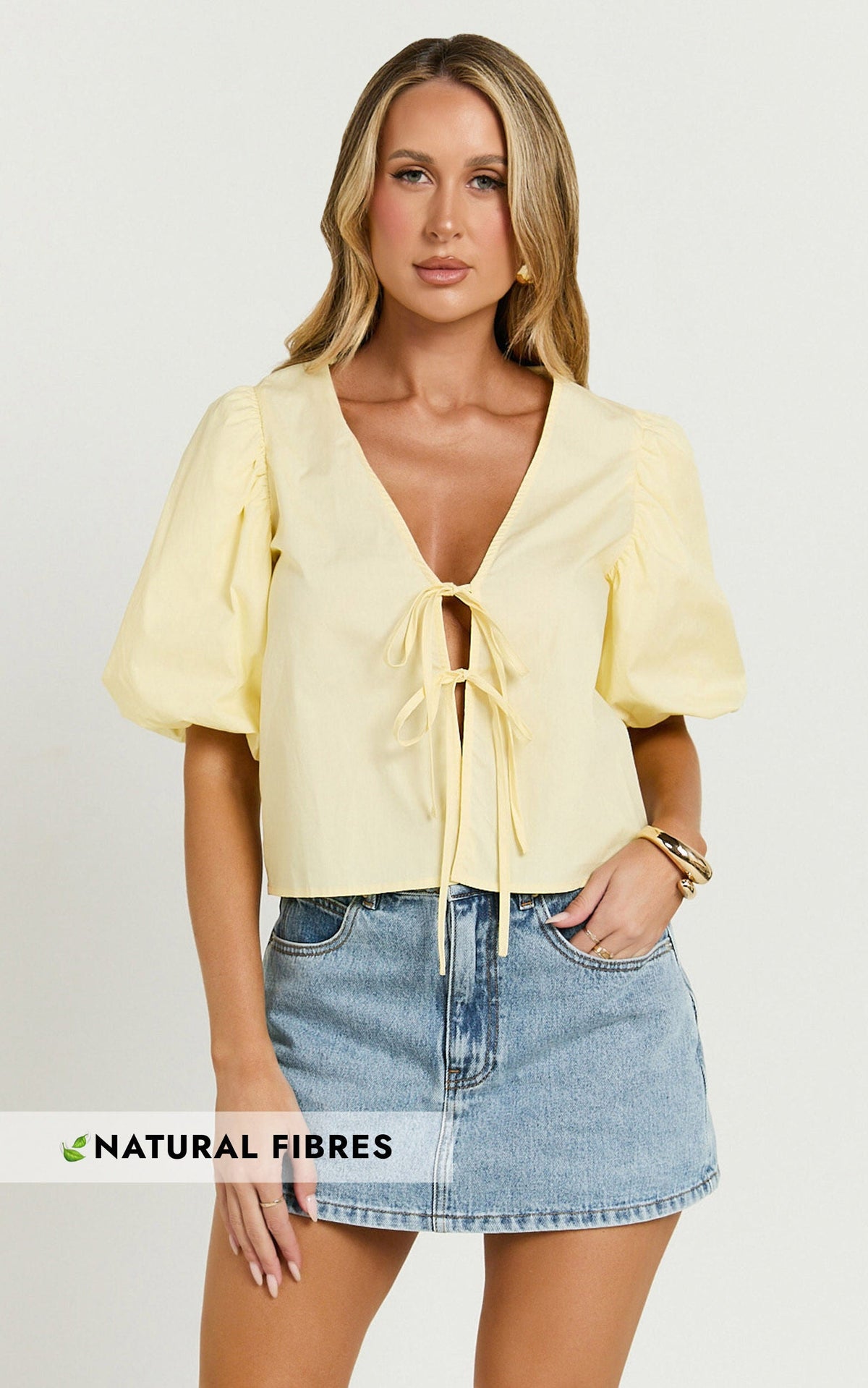 Dana Top - Bow Tie Front Puff Sleeve Blouse in Lemon