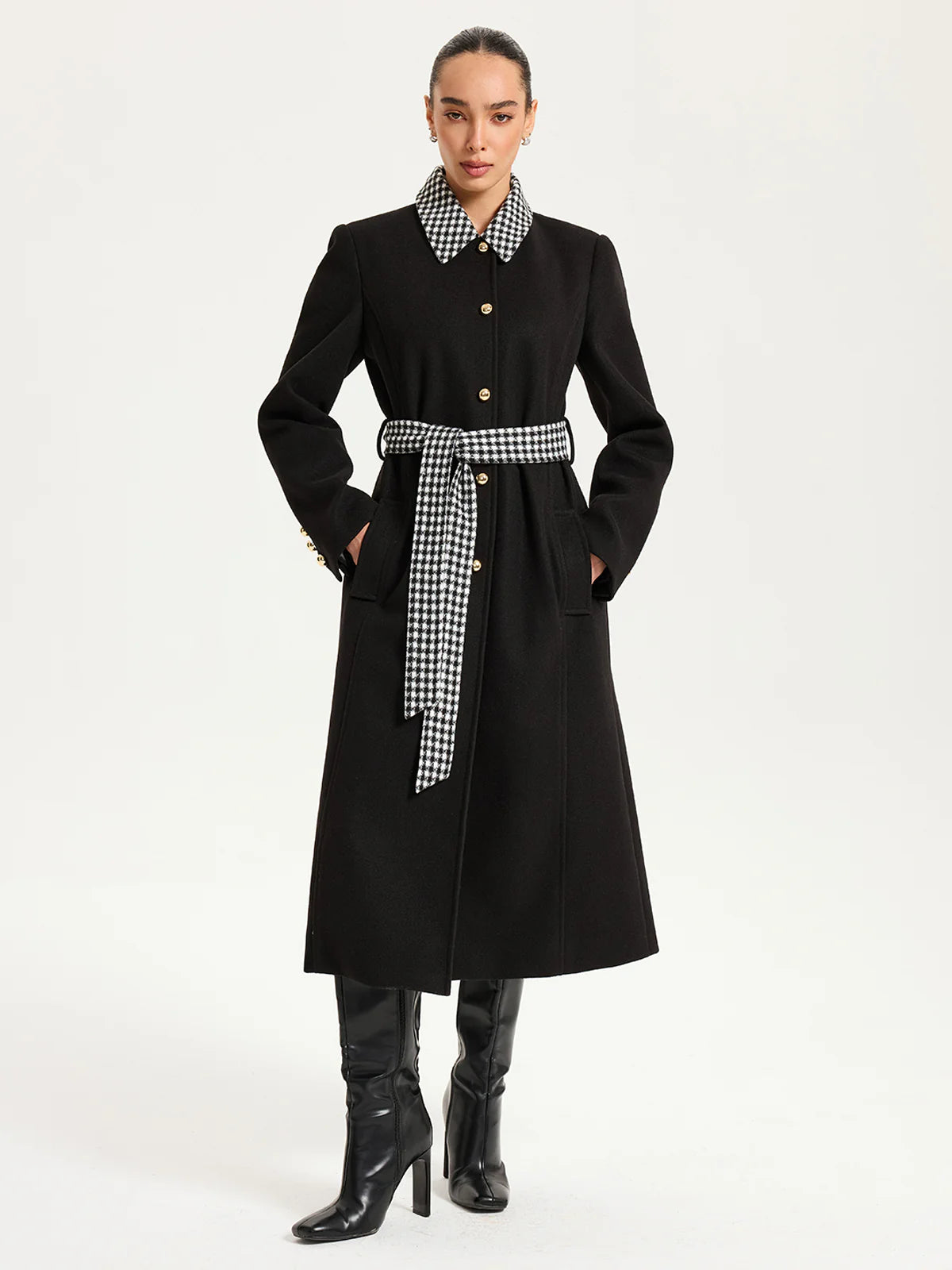 Belted Houndstooth Collar Long Coat