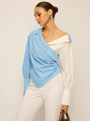 Two-Tone Asymmetric Off-Shoulder Shirt