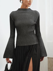 Flared Sleeve Striped Mock Neck Sweater