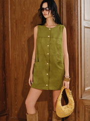Suede Effect Metal Button Mini Dress