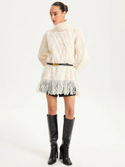 Fringe Hem Cable-Knit Turtleneck Sweater