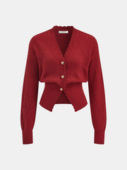 Scalloped Edge Ribbed V-Neck Buttoned Cardigan