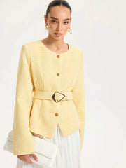 Tweed Belted Button-Front Blazer