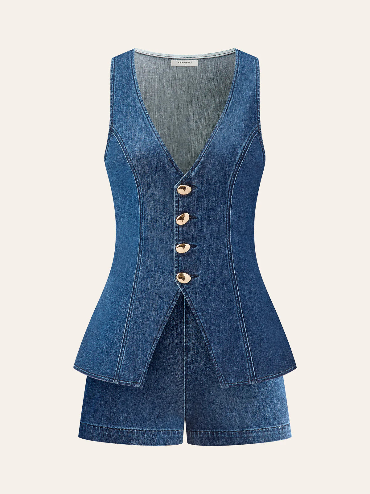 Metal Button Tie-Back Denim V-Neck Shorts Set