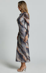 Zyra Midi Dress - High Neck Long Sleeve Mesh Dress in Tie Dye Print