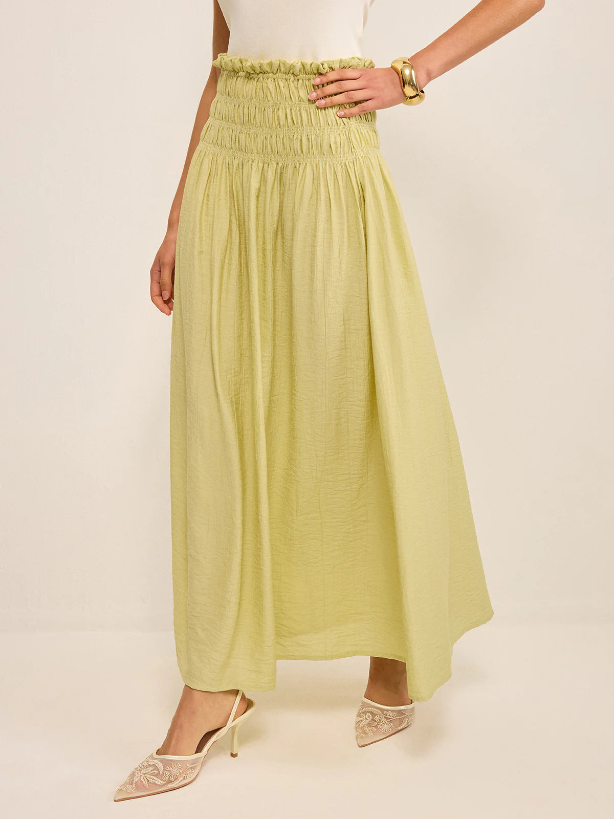 Pleated Linen Smocked Maxi Skirt
