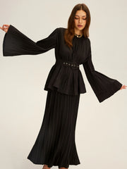 Pleated Bell Sleeve Belted Peplum Blouse