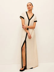 Cotton & Linen High-Slit Contrast Trim Dress