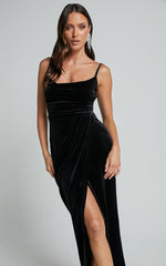Adeline Midi Dress - Velvet Cowl Neck Drape Dress in Black
