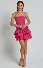 Emerie Mini Dress - Strapless Ruffle Skirt Dress in Pink