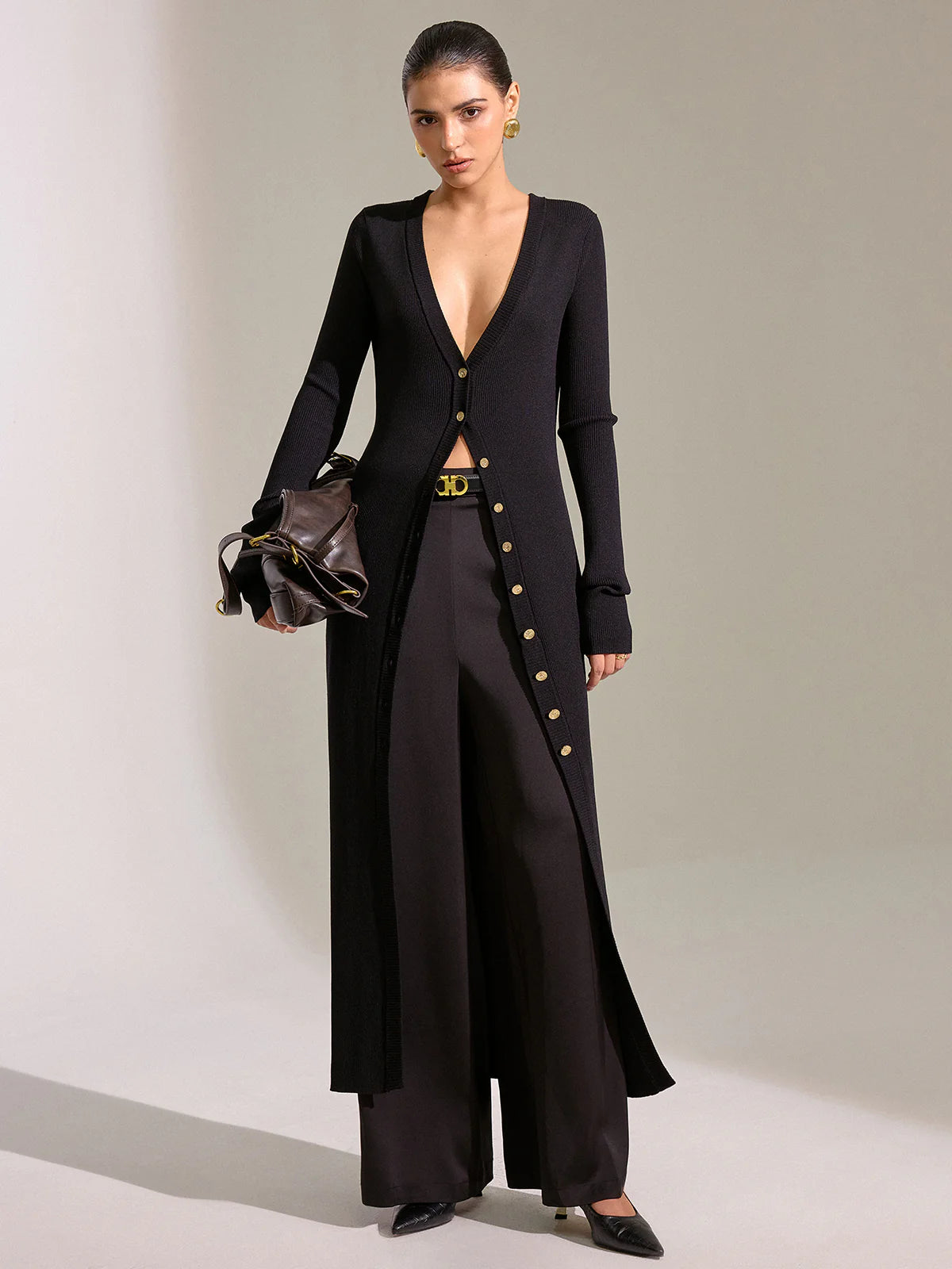 Metal Button Longline Knit Cardigan Dress