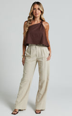 Analia Top - Linen Look One Shoulder Knot Detail Top in Chocolate