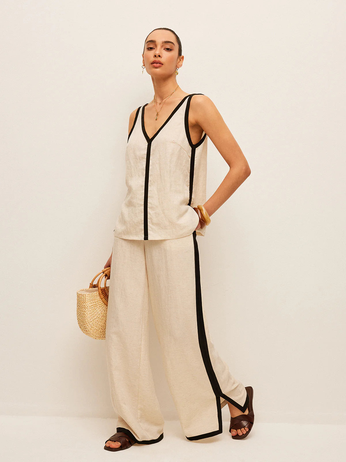 Cotton & Linen Contrast Trim V-Neck Pants Set