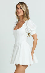 Emma Mini Dress - Scoop Neck Sleeved Corset Drop Waist Circular Skirt Dress in Off White