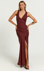 Adalita Midi Linen Dress - V Neck Cowl Back Bias Cut Dress in Chocolate