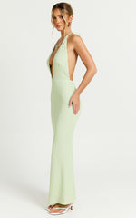 Ada Maxi Dress - Halter Plunge Textured Jersey Open Back Dress in Green