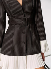Contrast Pleated Panel Pinstriped Belted Blazer Dress