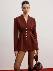 Cinched Pleated Blazer With Shoulder Pads