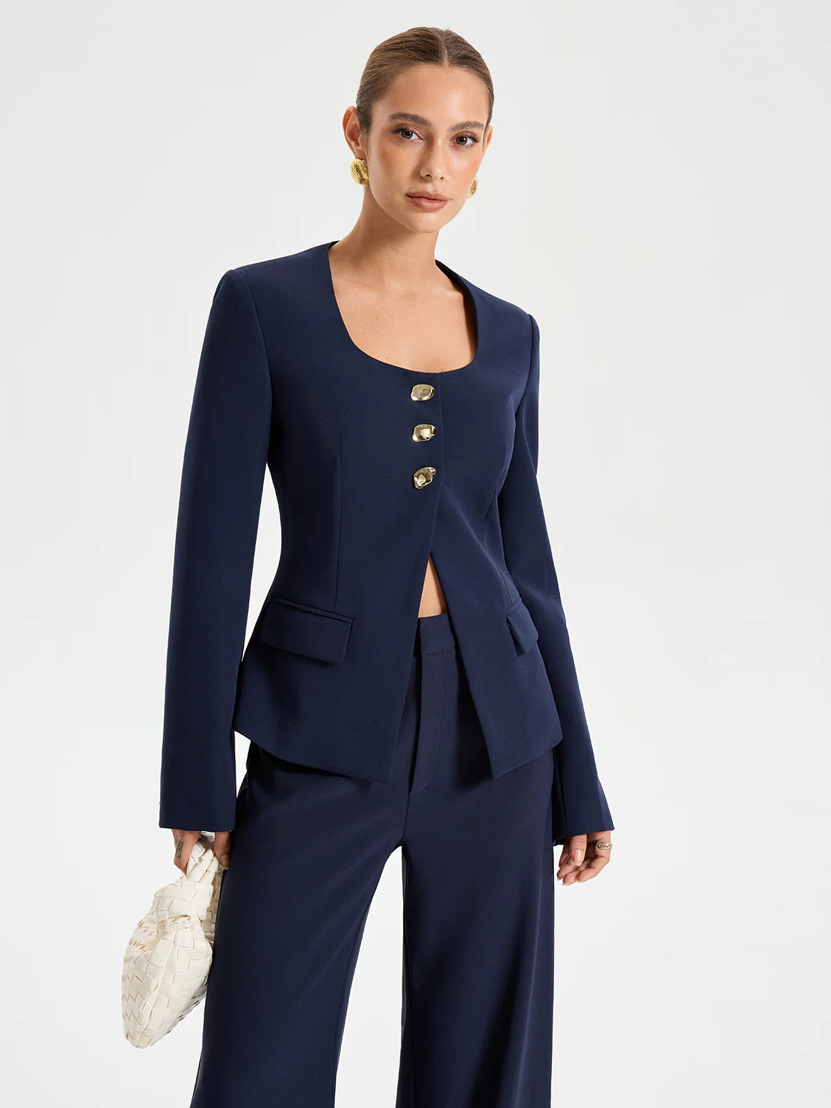 Metal Button Square Neck Blazer