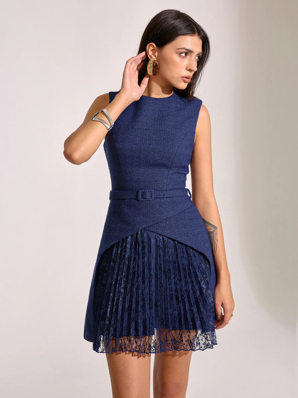 Belted Pleated Lace Mini Dress