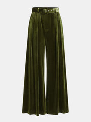 Belted Pleated Velvet Wide-Leg Pants