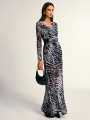 Long Sleeve Ruched Abstract Print Dress